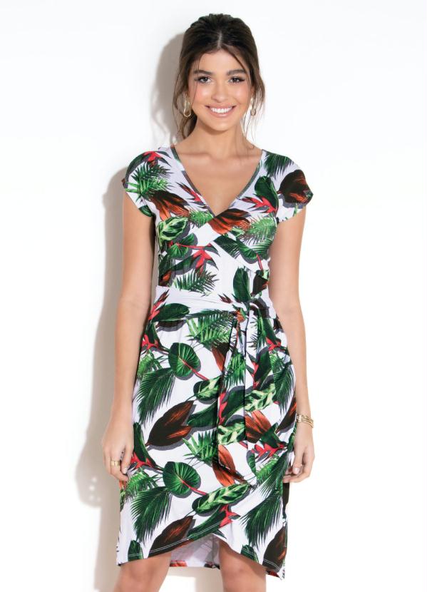 Quintess - Vestido com Busto Transpassado Folhagens Verde