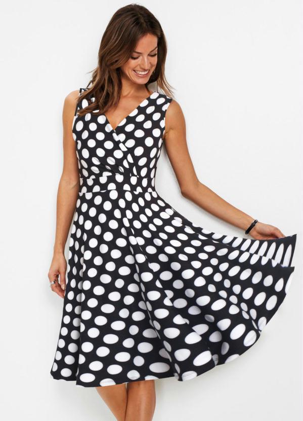 bonprix - Vestido com Decote Transpassado Poá Preto
