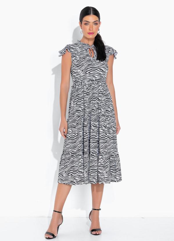 Outlet - Vestido com Gola Laço Zebra Branca