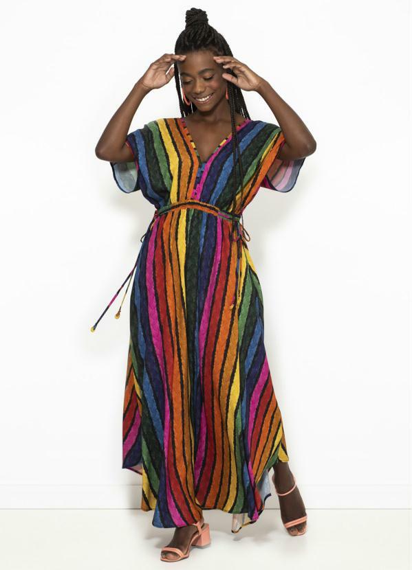 Farm - Vestido Cropped de Viscose Vôo Colorido Listra Estampado