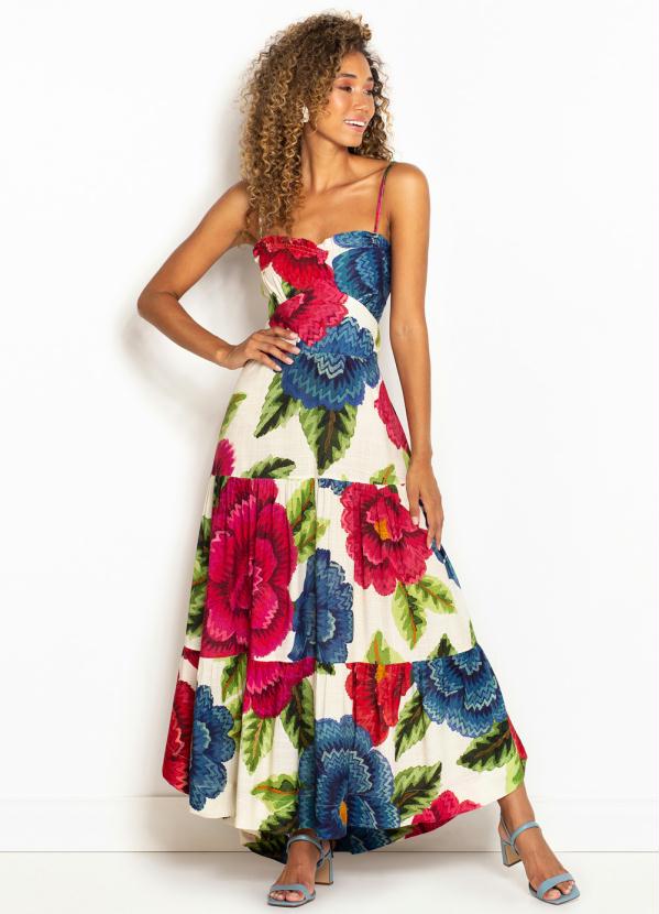 Farm - Vestido de Viscose Alças Dinamarca Floral Off White