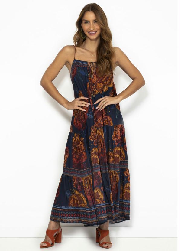 Farm - Vestido de Viscose Brilhantina Azul Marinho