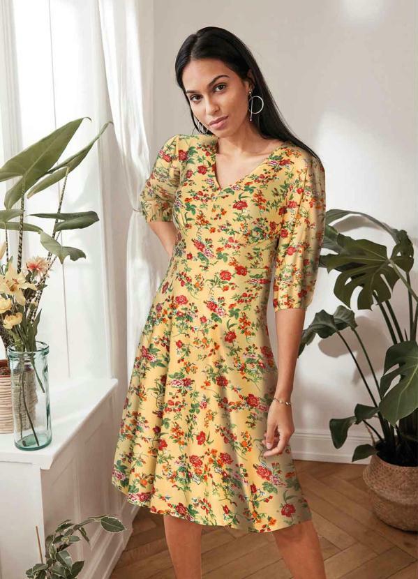 bonprix - Vestido Decote V Midi Floral Damasco
