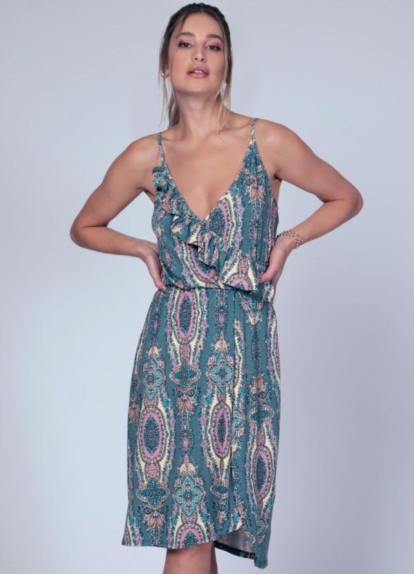 Quintess - Vestido Étnico com Babados e Barra Assimétrica