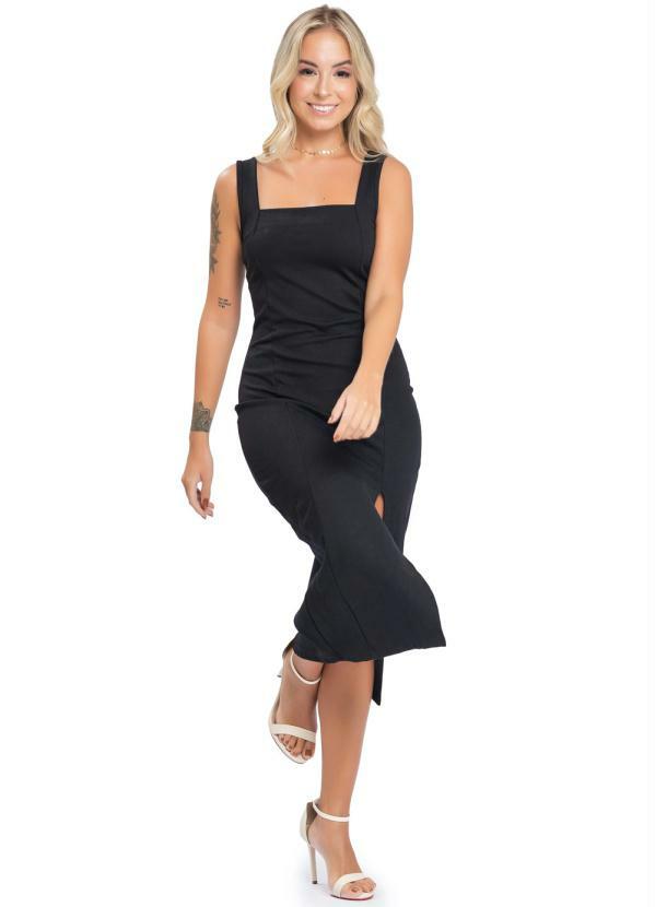 Up Close - Vestido Feminino Liso Midi com Fenda Preto