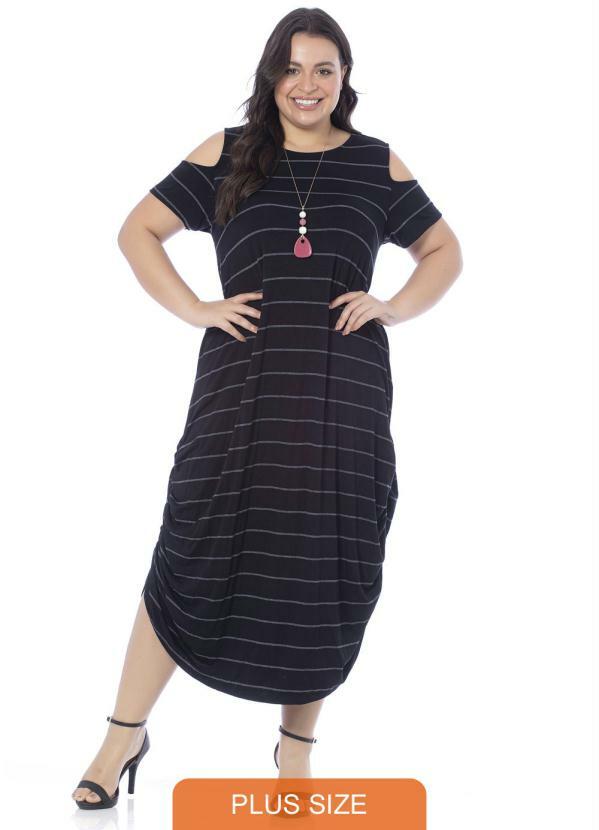 Miss Masy Plus - Vestido Feminino Plus Size Listrado Midi Preto