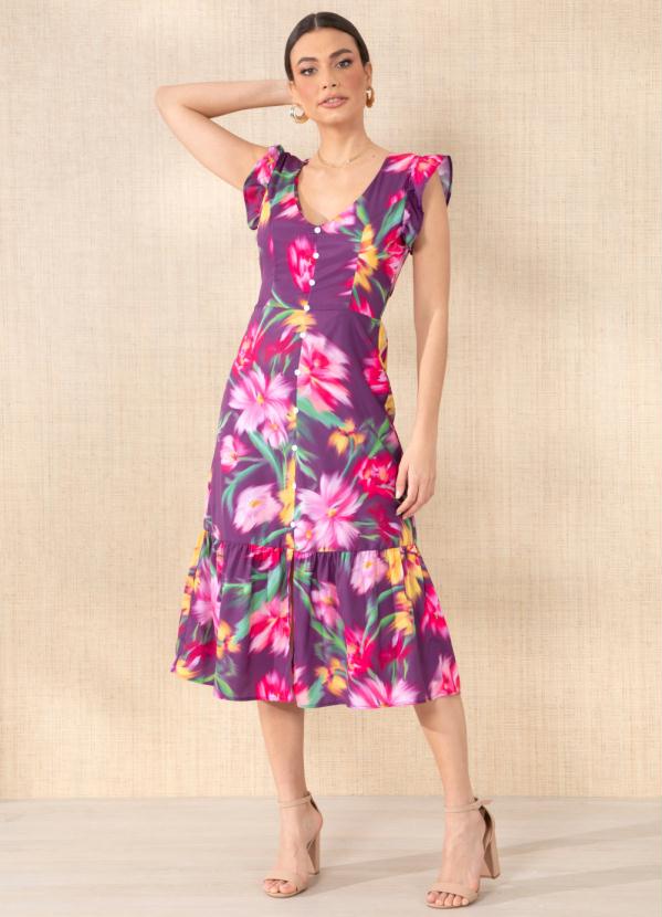 Outlet - Vestido Floral Borrado com Mangas em Babado 3
