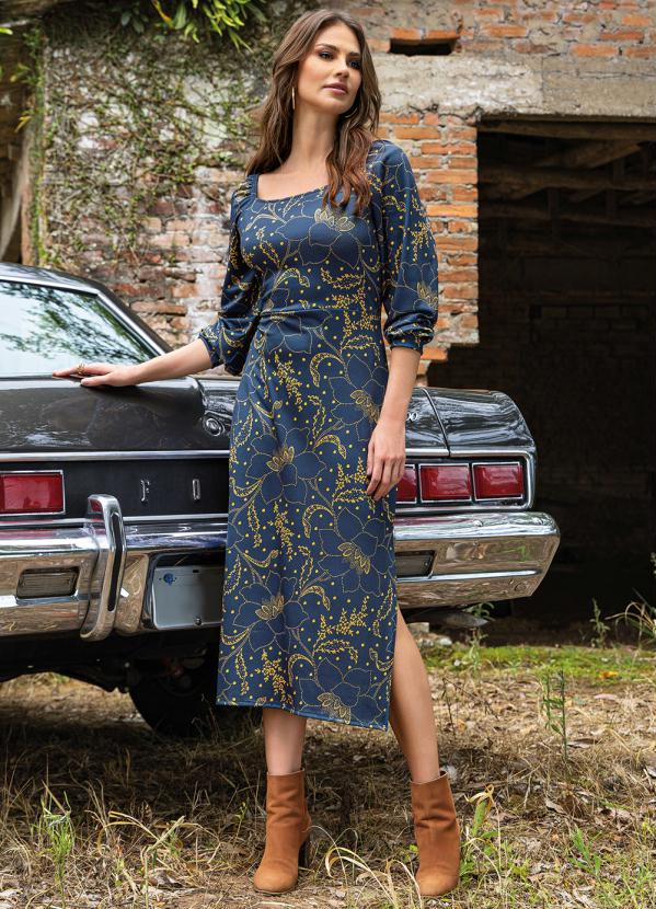 Quintess - Vestido Floral Marinho com Fendas 4