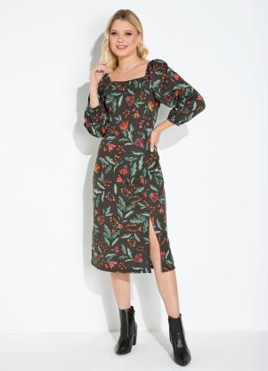 Moda Pop - Vestido Floral Preto com Fenda e Manga Bufante - MODA POP