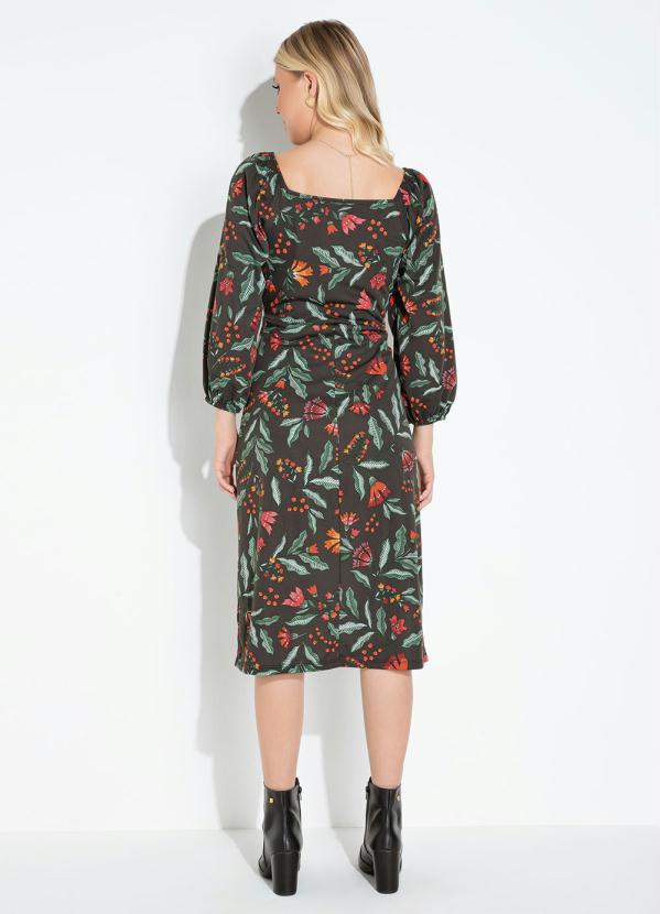 Moda Pop - Vestido Floral Preto com Fenda e Manga Bufante 2