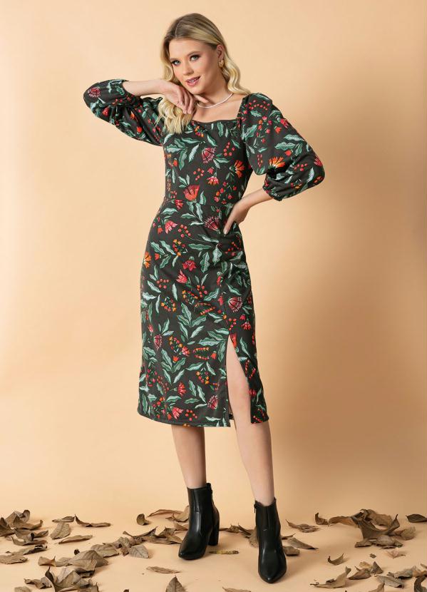 Moda Pop - Vestido Floral Preto com Fenda e Manga Bufante 4