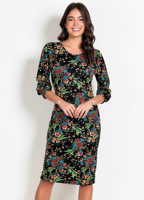 Outlet - Vestido Floral Preto Manga 7/8 Moda Evangélica