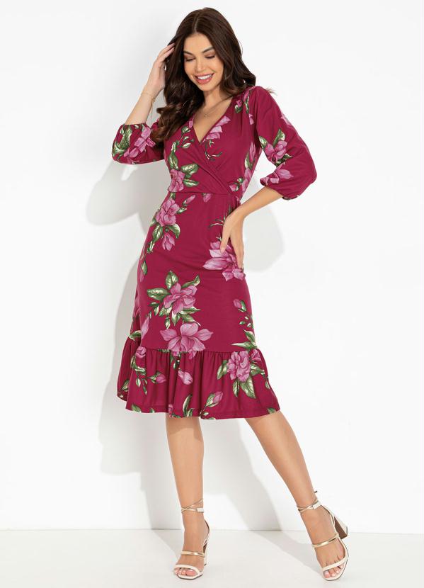 Moda Pop - Vestido Floral Púrpura com Decote Transpassado 3