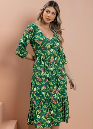 Quintess - Vestido Floral Verde com Fenda na Barra - QUINTESS
