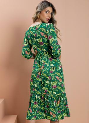 Quintess - Vestido Floral Verde com Fenda na Barra - QUINTESS
