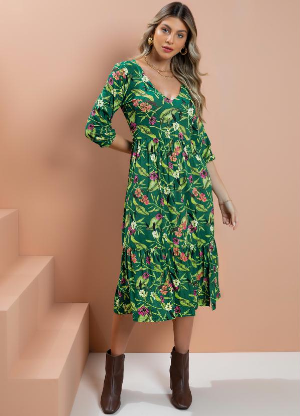Quintess - Vestido Floral Verde com Fenda na Barra 8
