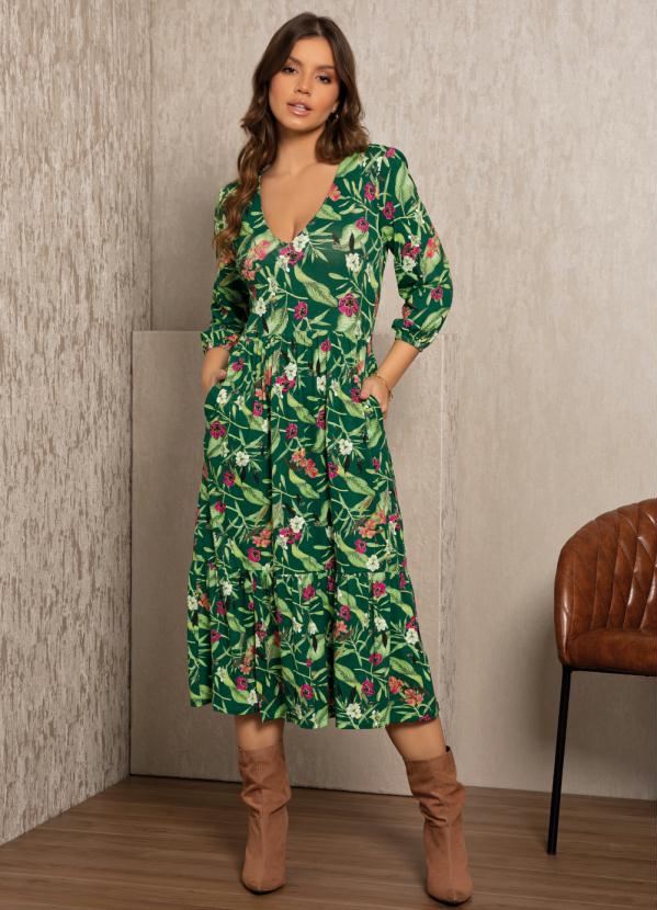 Quintess - Vestido Floral Verde com Fenda na Barra 5