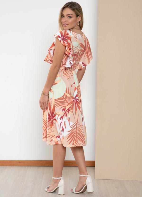 Quintess - Vestido Folhagem Bege com Bolsos e Babados 2