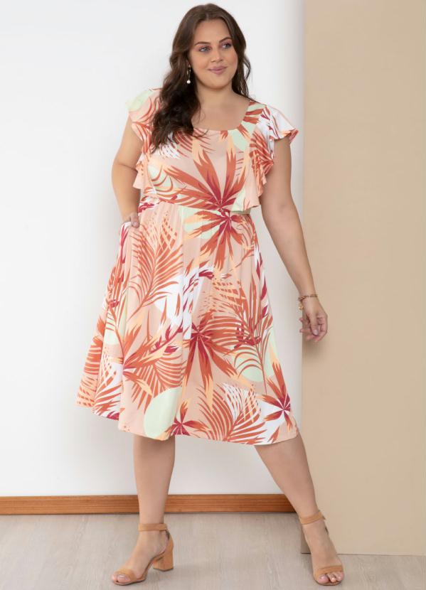 Quintess - Vestido Folhagem Bege com Bolsos e Babados 3