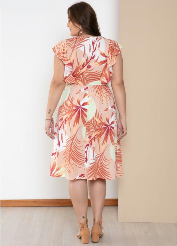 Quintess - Vestido Folhagem Bege com Bolsos e Babados 4