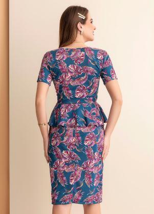 Rosalie - Vestido Folhas Marinho Peplum - ROSALIE