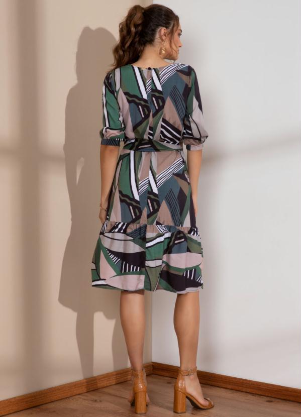 Quintess - Vestido Folhas Verdes com Babado e Faixa 2