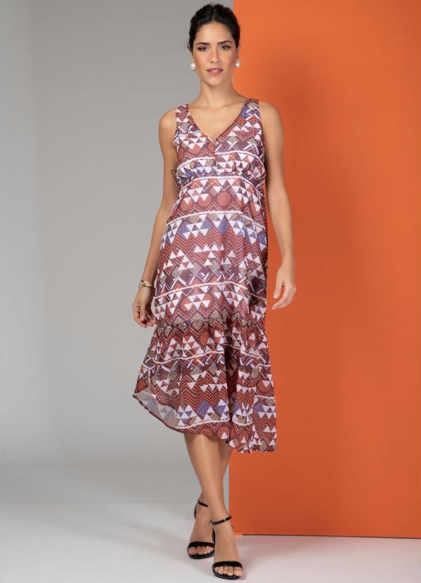 Quintess - Vestido Geométrico com Babado Assimétrico