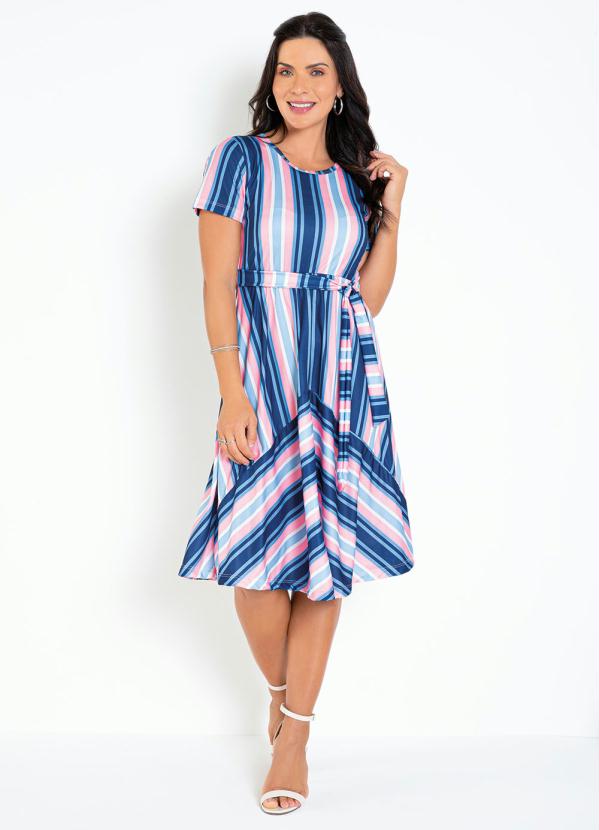 Outlet - Vestido Listra Azul com Faixa Moda Evangélica