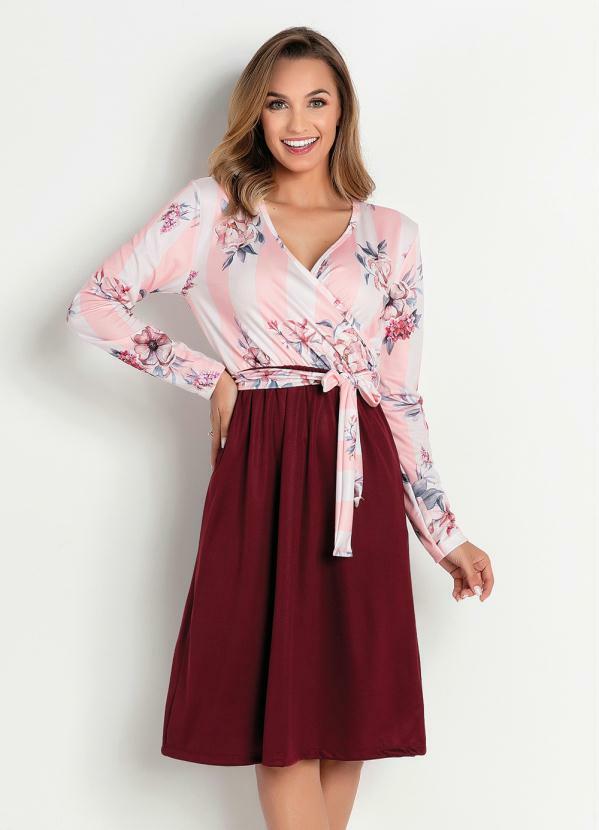 Queima Estoque - Vestido Listras Rosa com Faixa Moda Evangélica