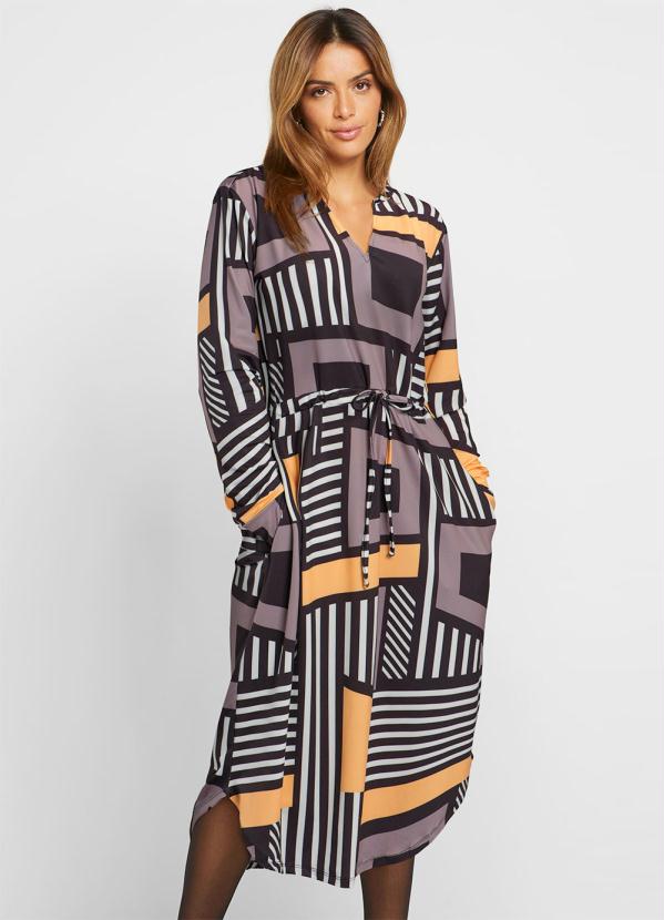 bonprix - Vestido Manga Longa Abstrato Preto