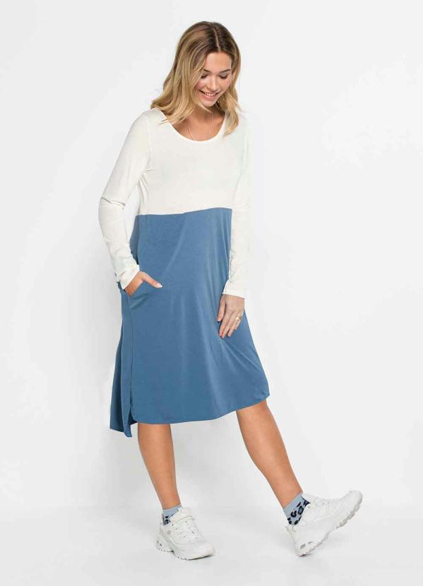bonprix - Vestido Manga Longa com Bolsos Off White/Azul 1