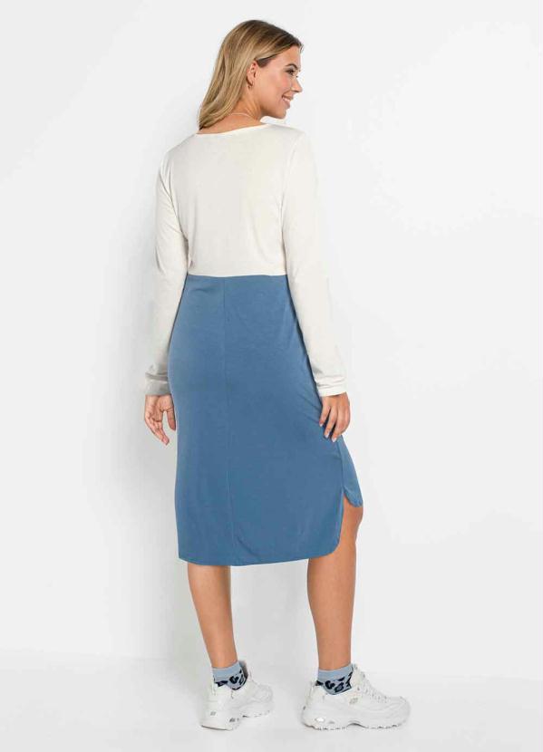 bonprix - Vestido Manga Longa com Bolsos Off White/Azul 2