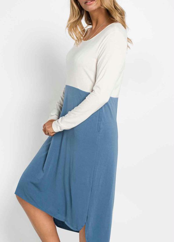 bonprix - Vestido Manga Longa com Bolsos Off White/Azul 3