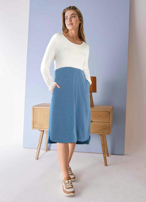 bonprix - Vestido Manga Longa com Bolsos Off White/Azul 4