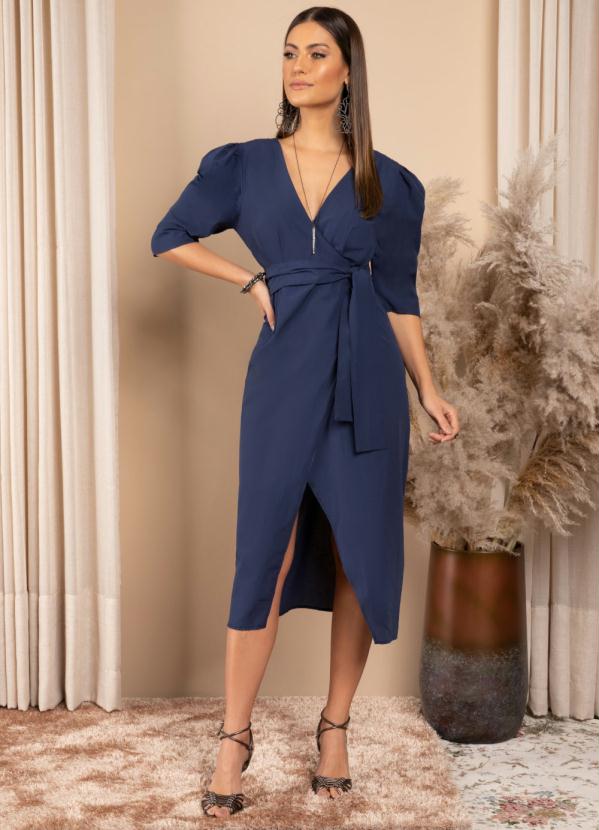 Quintess - Vestido Marinho com Transpasse e Mangas Bufantes