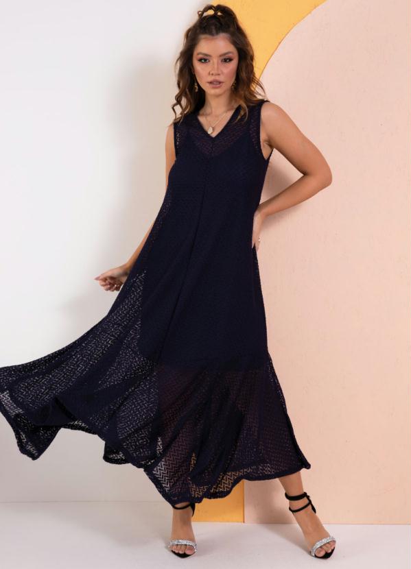 Quintess - Vestido Marinho em Renda com Barra Assimétrica 3