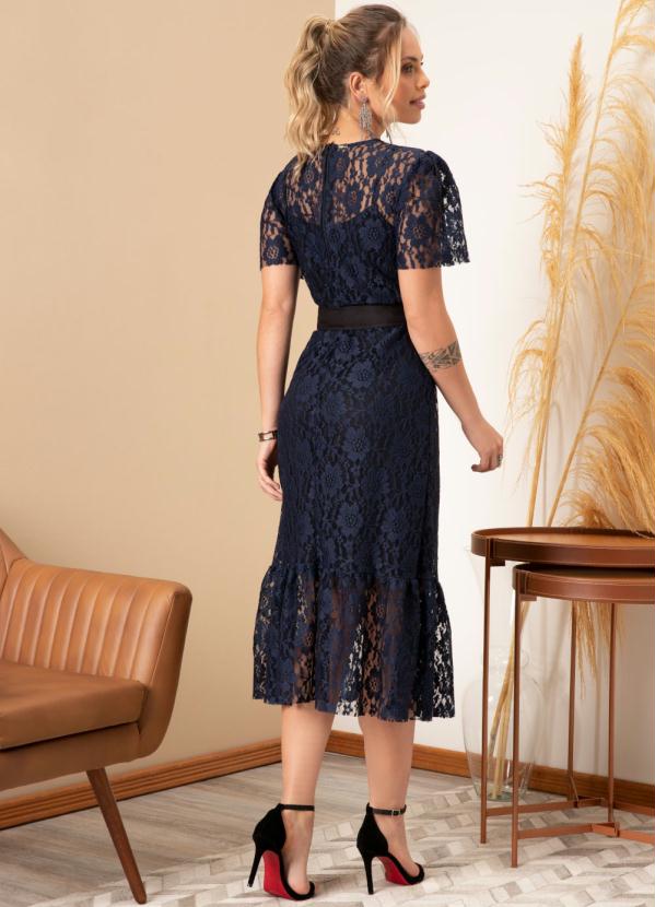 Quintess - Vestido Marinho Mangas Curtas com Babado e Faixa 2