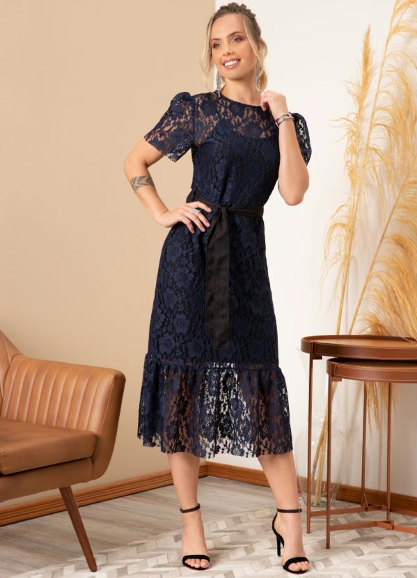 Quintess - Vestido Marinho Mangas Curtas com Babado e Faixa 3