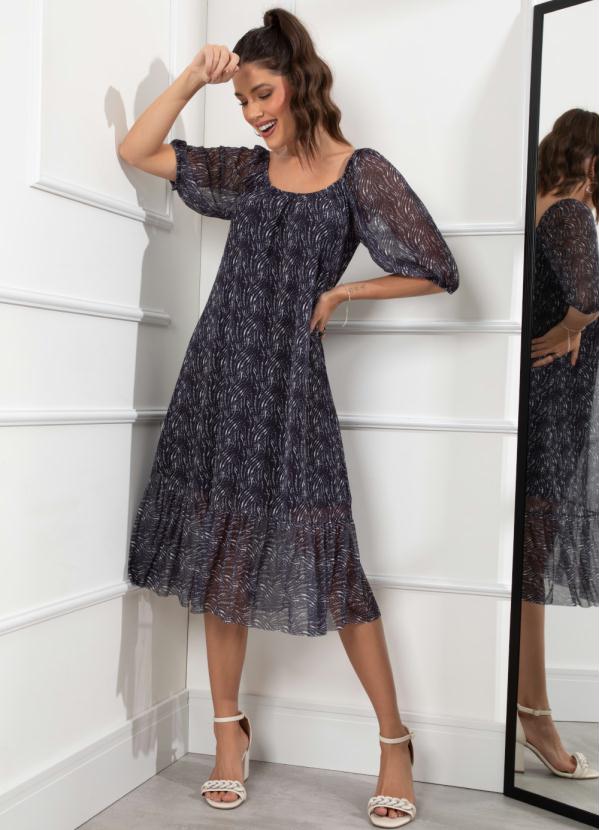 Quintess - Vestido Midi Animal Print Preto em Tule