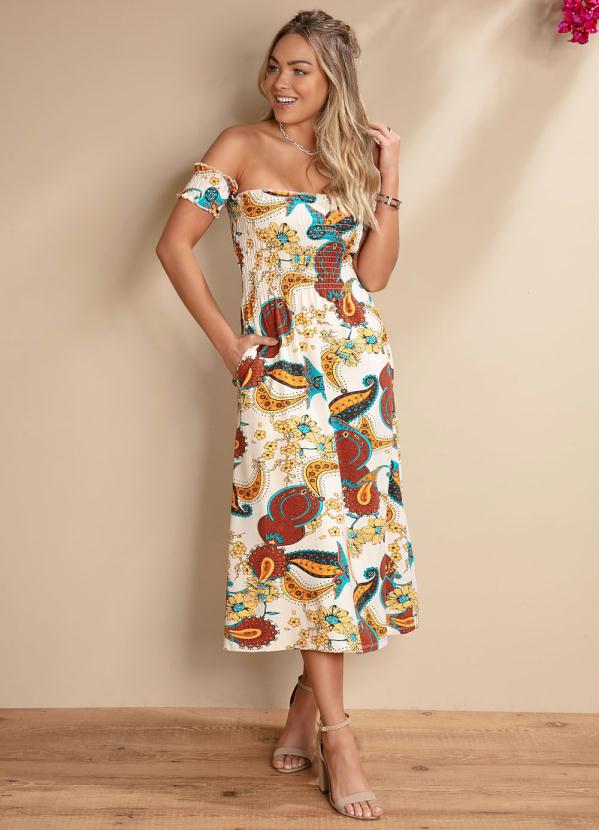 Quintess - Vestido Midi Boho Bege Ciganinha com Bolsos