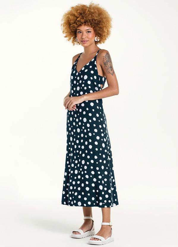 Marialícia - Vestido Midi com Alças Poá Marinho