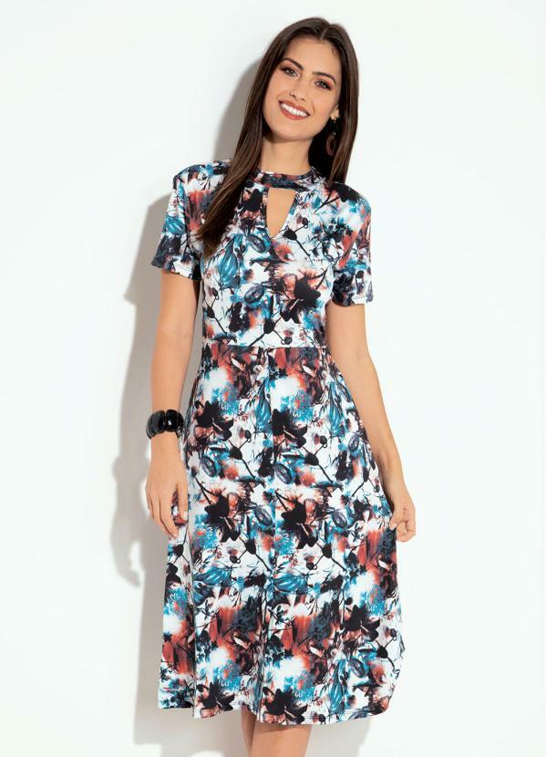 Quintess - Vestido Midi com Fenda na Barra Folhagem
