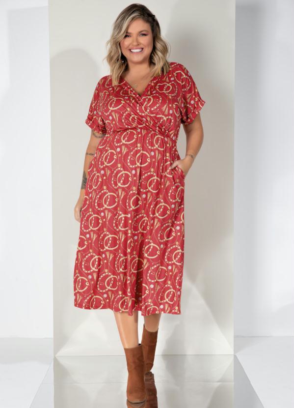 Outlet - Vestido Midi Correntes com Decote Transpassado