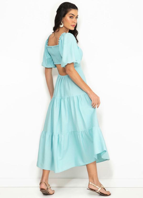 Farm - Vestido Midi de Linho Mangas Marias Azul 2