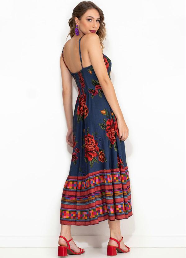 Farm - Vestido Midi de Linho Ponto de Flor Azul 2