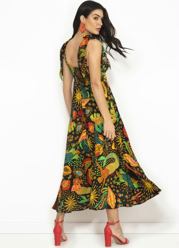 Farm - Vestido Midi de Viscose Dia de Sol Preto 2