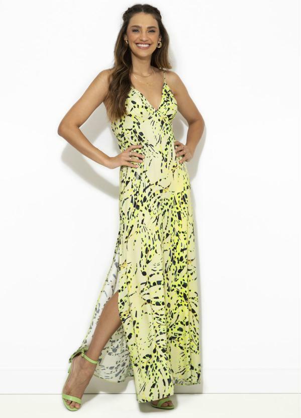 Forum - Vestido Midi de Viscose Estampado Verde Neon