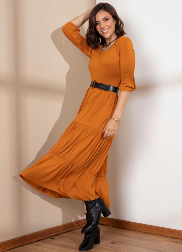 Quintess - Vestido Midi em Camadas Caramelo