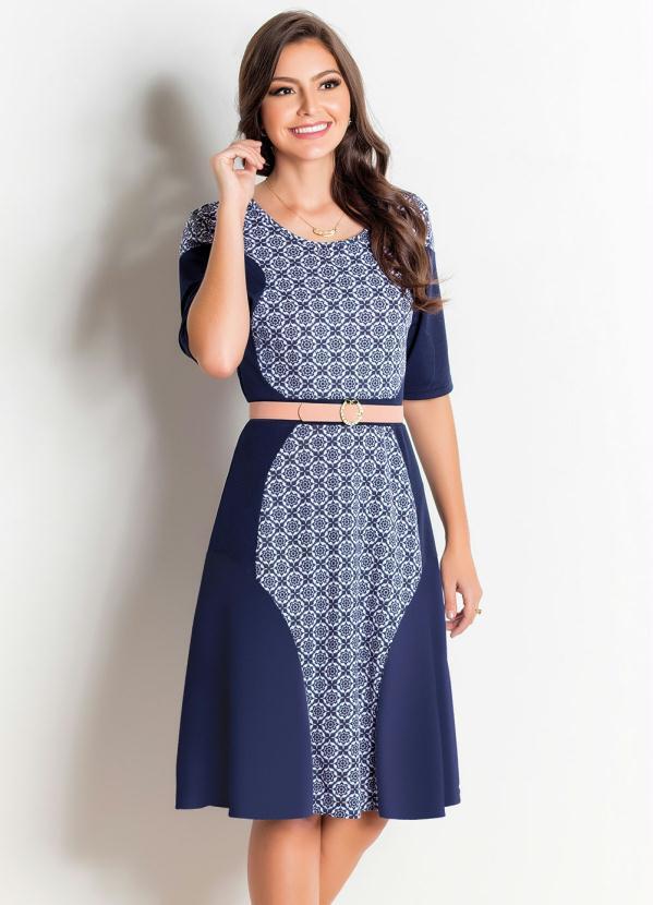 Rosalie - Vestido Midi Estampado e Marinho Moda Evangélica