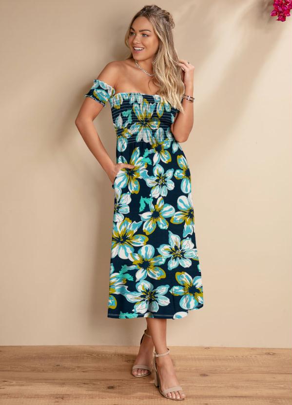 Quintess - Vestido Midi Floral Azul Ciganinha com Bolsos
